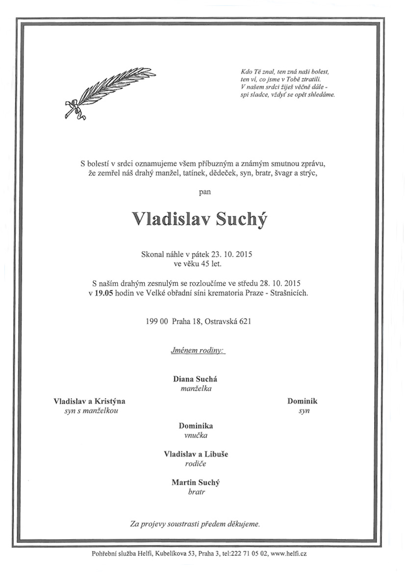 Rozloučení s Vl. Suchým proběhne 28.10. v 19:05